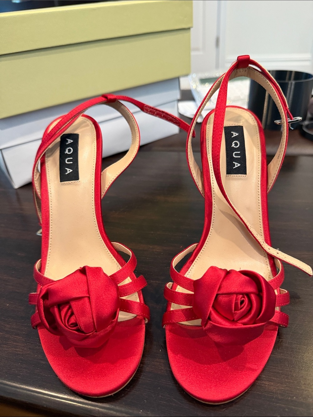 Aqua Red Satin Rose Ankle-Strap Heels